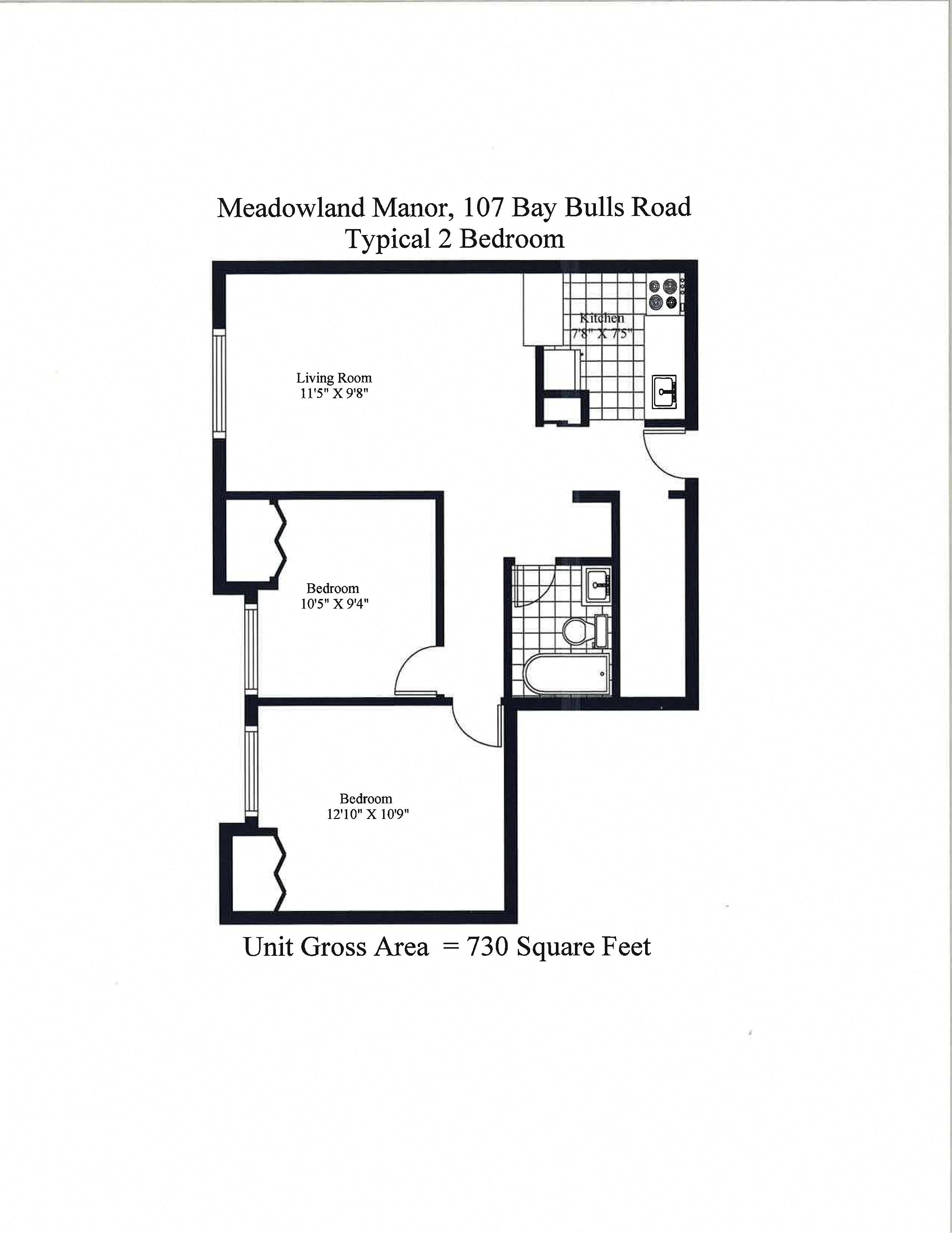 Floor plan for 2 beds, 1 bath, 730 sqft